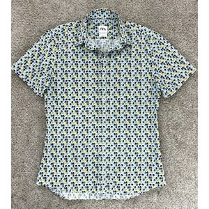 ZARA Elephant Print Button Down Shirt‎ Men's S Slim Fit White Blue Green Cotton